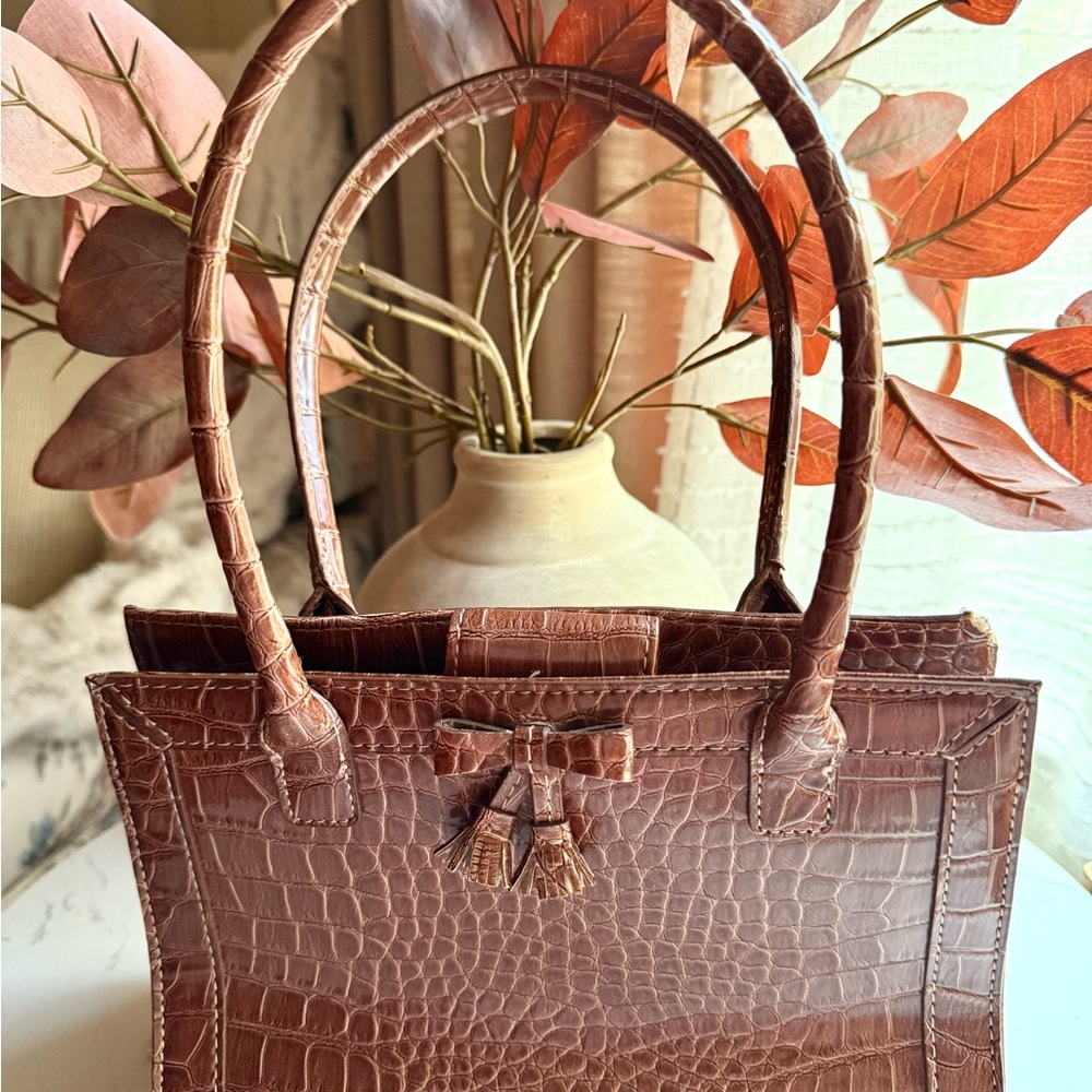 Vintage Liz Claiborne Brown Faux Croc Embossed Top Handle Satchel Bag - Picture 2 of 8